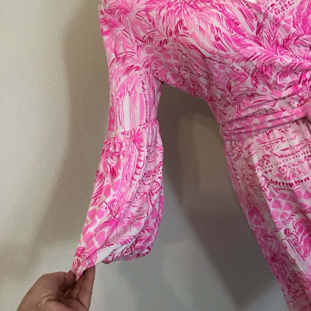 Lilly Pulitzer Chace Faux Wrap Dress Pink Blossom Palm Beach Paradise Medium - Picture 7 of 11